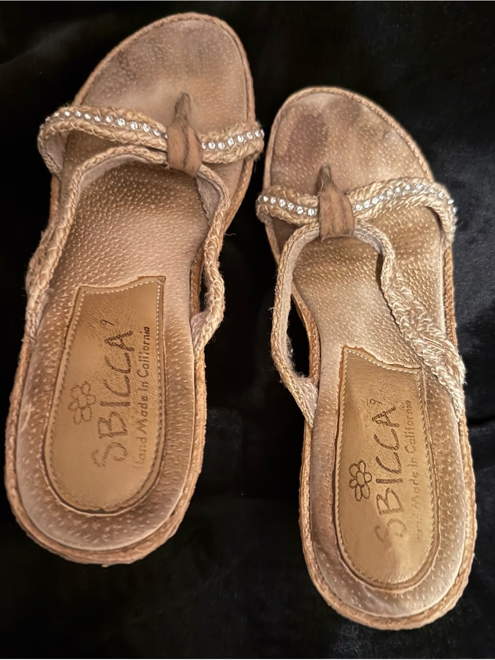 Sbicca Tan Braided Thong Sandals with Rhinestone Accent